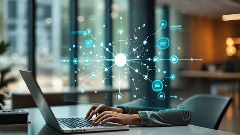 A photorealistic image of a digital nomad sitting at a minimalist desk, hands resting on a laptop keyboard. In front of them, a holographic projection of a complex mind map or career roadmap with interconnected nodes and clear directional arrows, symbolizing strategic learning paths. The background is a blurred, modern co-working space with large windows, cinematic lighting, sharp focus on the nomad and the holographic map, depth of field, 8K hyper-detailed, professional photography.
