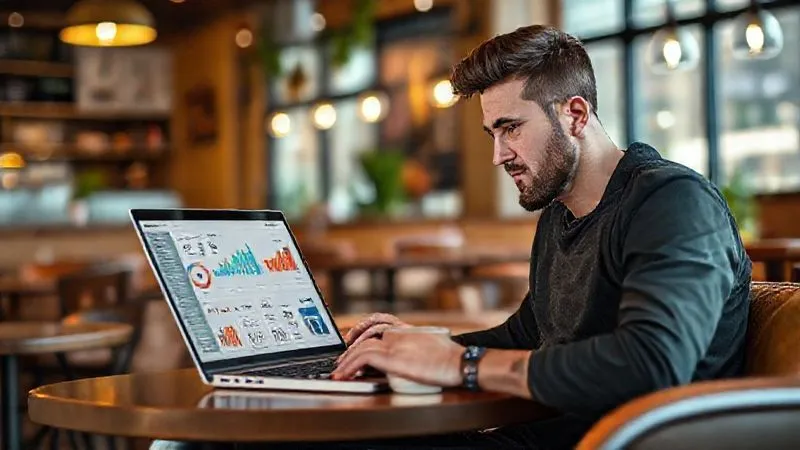A photorealistic image of a digital nomad sitting comfortably in a vibrant cafe, a laptop open in front of them displaying a complex yet clear dashboard with various charts and graphs, representing personal and professional KPIs. The nomad is thoughtfully analyzing the data, a cup of coffee nearby. Cinematic lighting, sharp focus on the laptop screen and the nomad's expression of concentration, depth of field blurring the cafe background, 8K hyper-detailed, professional photography.
