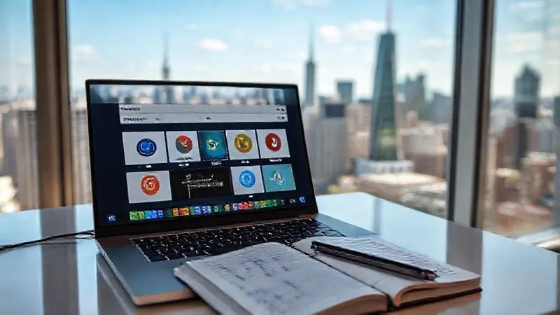 A photorealistic image of a digital nomad's desk setup in a bright, minimalist apartment overlooking a vibrant city skyline. On the sleek laptop screen, multiple browser tabs are open, showcasing logos of popular online learning platforms like Coursera, edX, and Udemy. A notebook with handwritten notes and a pen lie beside the laptop, suggesting active learning. Cinematic lighting, sharp focus on the screen and notebook, depth of field blurring the city view, 8K hyper-detailed, professional photography.