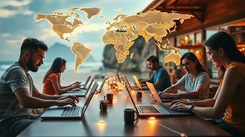 A photorealistic image of a diverse group of digital nomads, each working on their laptops in different scenic locations (beach, mountain cabin, bustling cafe), connected by glowing lines forming a global network. The image conveys connectivity, freedom, and productive remote work. Cinematic lighting, sharp focus, depth of field, 8K hyper-detailed, shot on a high-end DSLR.