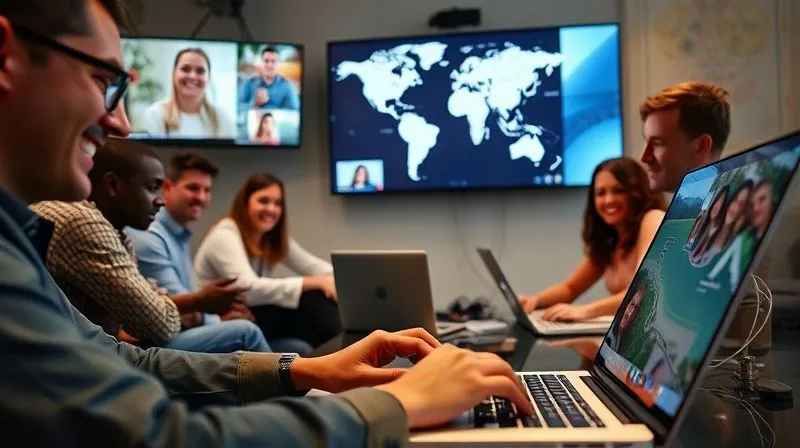 A photorealistic image of a diverse group of digital nomads engaged in a vibrant online video conference, with multiple screens showing smiling faces and collaborative tools. In the foreground, a person is typing on a laptop, with a world map subtly projected onto the wall behind them. The atmosphere is professional, connected, and global. Cinematic lighting, sharp focus, depth of field, 8K hyper-detailed, shot on a high-end DSLR.