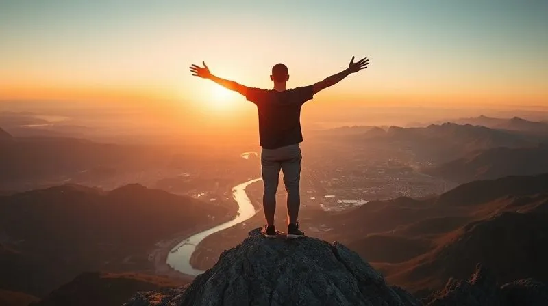 A photorealistic image of a digital nomad (gender-neutral) standing on a mountain peak, arms outstretched towards a rising sun, with a flowing river of light connecting them to a distant city. The scene symbolizes achievement, freedom, and a clear path to financial success. Cinematic lighting, sharp focus, depth of field, 8K hyper-detailed, shot on a high-end DSLR.