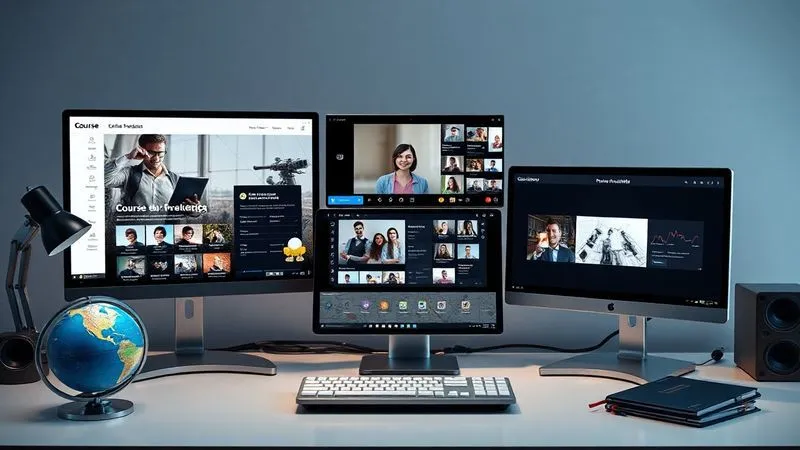 A photorealistic image of a diverse set of digital screens, each displaying a different online learning platform interface – one showing a course marketplace, another a live tutoring session, and a third a custom course builder. The screens are arranged ergonomically on a modern desk, surrounded by subtle travel elements like a small globe or a passport. Cinematic lighting, sharp focus on the screens, depth of field, 8K hyper-detailed, professional photography.