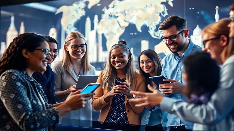 A photorealistic image of a vibrant online community, depicted as a diverse group of people from different global locations interacting happily on a large, glowing virtual screen. Some are engaged in video calls, others typing messages, all with expressions of collaboration and learning. The background is a soft blur of global landmarks, symbolizing connectivity. Cinematic lighting, sharp focus on the interactive screen, depth of field, 8K hyper-detailed, professional photography.