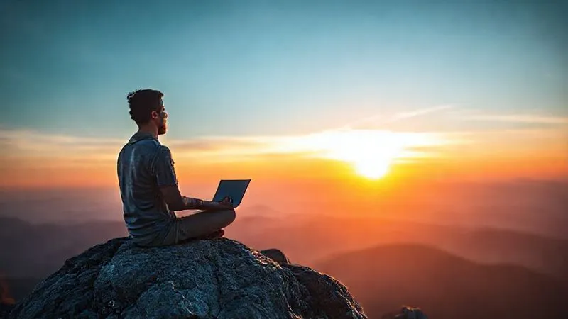 A photorealistic image of a serene digital nomad meditating on a mountain top at sunrise, laptop by their side on a rock, representing mental clarity, financial preparedness, and a global perspective. Cinematic lighting, sharp focus on the nomad, depth of field blurring the distant landscape, 8K hyper-detailed, professional photography.