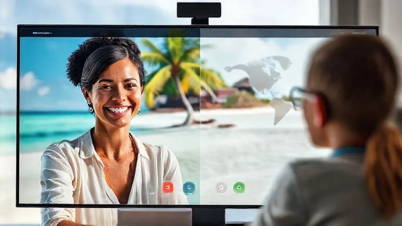 A photorealistic image depicting a video call interface. On one side, a smiling digital nomad (teacher) with a tropical beach in the background, on the other side, a student from a different continent, actively engaged in learning. The screen shows a clear, crisp connection, representing global education and connection. Cinematic lighting, sharp focus on both participants, depth of field blurring their respective backgrounds, 8K hyper-detailed.