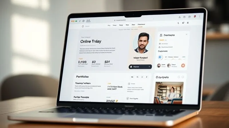 A photorealistic, professional photography of a laptop screen displaying a meticulously crafted online profile for a digital nomad, featuring a professional headshot, glowing client testimonials, and a curated portfolio of high-quality work. The screen shows analytics indicating high engagement, with cinematic lighting, sharp focus on the profile details, depth of field blurring the background. 8K hyper-detailed, shot on a high-end DSLR.