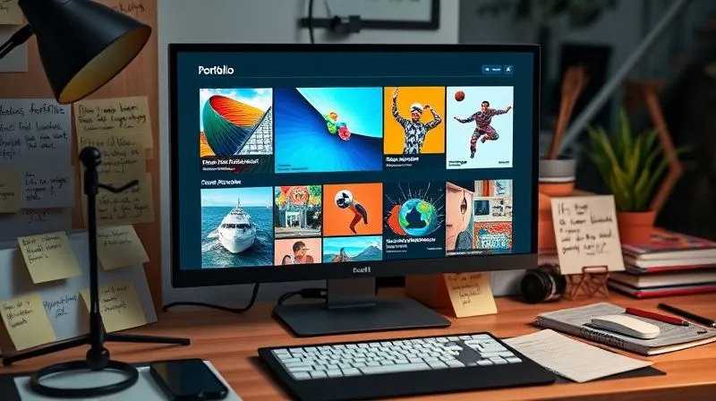 A photorealistic, professional photography of a digital portfolio displayed on a sleek monitor, showcasing vibrant and impactful design projects. The screen is surrounded by handwritten testimonials on sticky notes and a well-organized desk, indicating a professional and creative environment. Cinematic lighting, sharp focus on the portfolio details and testimonials, depth of field blurring the background. 8K hyper-detailed, shot on a high-end DSLR.