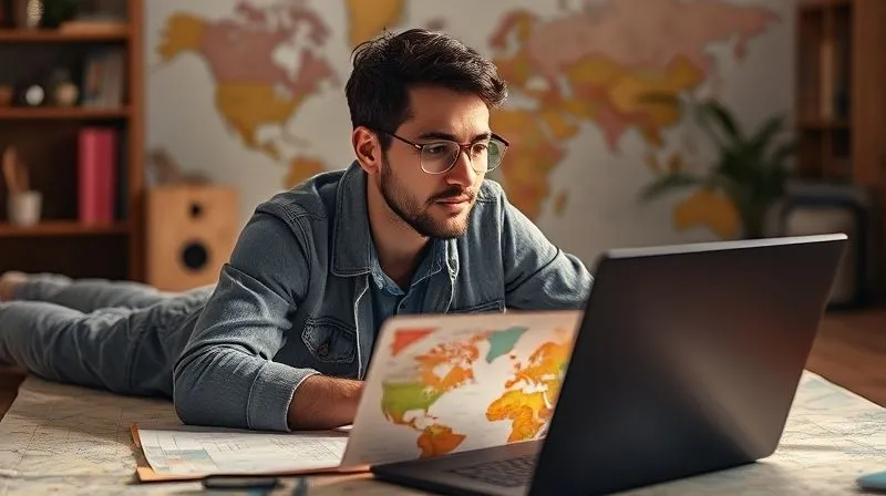 A photorealistic image of a digital nomad sitting thoughtfully in front of a laptop, surrounded by a map and sticky notes, illustrating self-reflection and planning for their learning journey. Cinematic lighting, sharp focus on the nomad's face, depth of field blurring the travel elements. 8K hyper-detailed, professional photography, shot on a high-end DSLR.