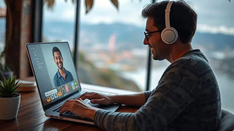 A photorealistic image of a digital nomad having a personalized e-learning session on a laptop, with the tutor's face visible on screen, both smiling. The nomad is in a unique, inspiring location like a mountain viewpoint or a beachside cafe, symbolizing adaptation. Cinematic lighting, sharp focus on the interaction, depth of field. 8K hyper-detailed, professional photography, shot on a high-end DSLR.