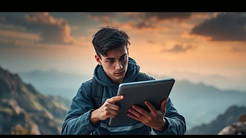 A photorealistic image of a digital nomad looking determined while studying on a tablet, with a challenging but inspiring landscape in the background, symbolizing overcoming obstacles. The lighting is dramatic, highlighting their focus. 8K hyper-detailed, professional photography, shot on a high-end DSLR.