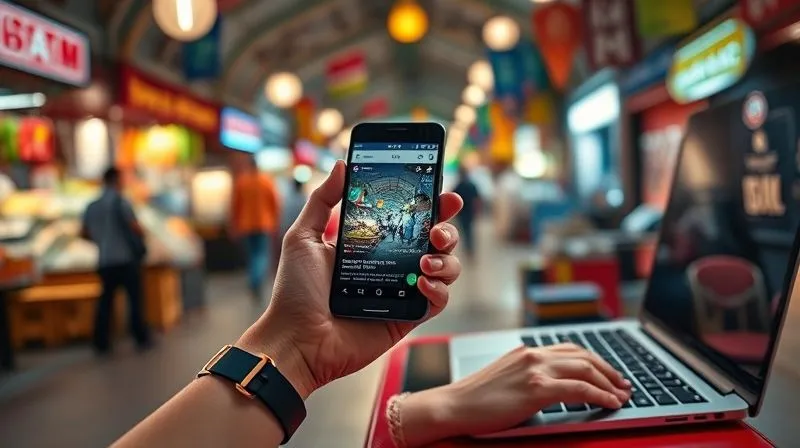 A photorealistic image of a digital nomad's hand holding a smartphone, showing a social media feed with travel content, while the other hand types on a laptop. In the background, a vibrant, bustling marketplace in Southeast Asia, cinematic lighting, sharp focus on the hands and devices, depth of field blurring the background. 8K hyper-detailed, professional photography, shot on a high-end DSLR.