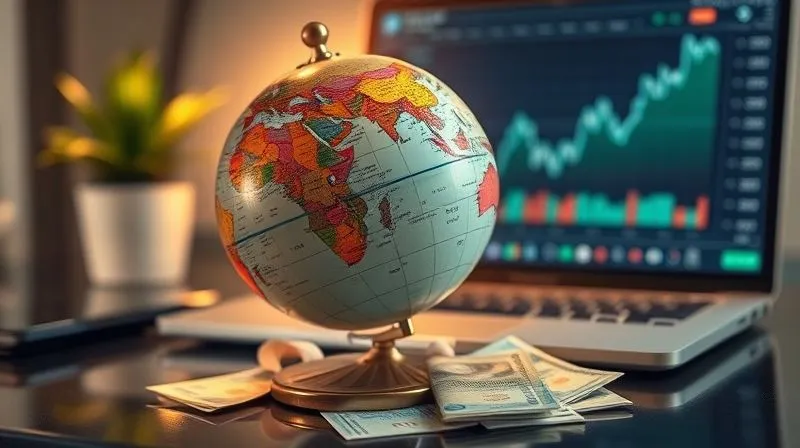 A photorealistic image of a vintage globe spinning slowly on a desk, with several international currencies scattered around its base. In the background, a blurred modern financial dashboard on a laptop screen, showing upward trends. Cinematic lighting, sharp focus on the globe and currencies, depth of field blurring the background. 8K hyper-detailed, professional photography, shot on a high-end DSLR.
