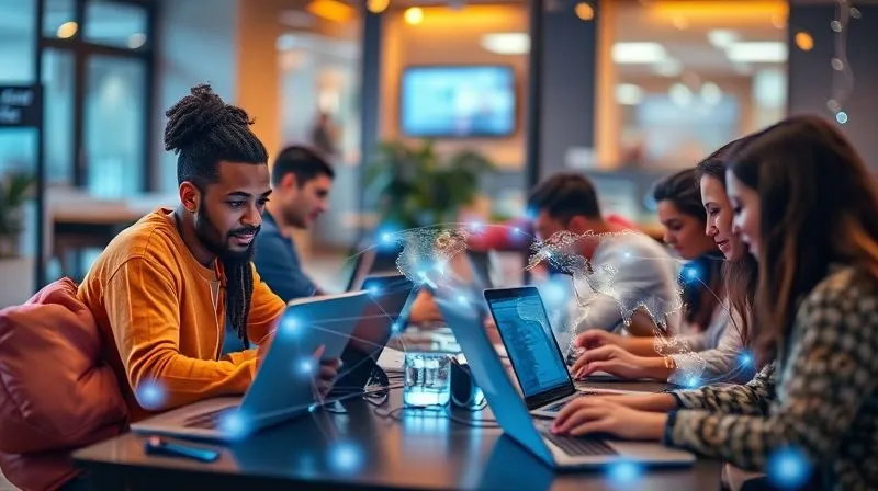 A photorealistic, professional photography image of a diverse group of digital nomads collaborating on laptops in a vibrant, modern co-working space, with a subtle, glowing network overlay connecting their screens, representing global online connections. Cinematic lighting, sharp focus on the interactions, depth of field blurring the background. 8K hyper-detailed, shot on a high-end DSLR.