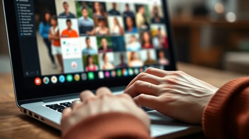 A close-up, photorealistic shot of hands typing on a laptop keyboard, with a blurred background showing a vibrant, diverse online community interface on the screen, symbolizing personalized digital outreach and meaningful connection. Cinematic lighting, sharp focus on the hands and screen, depth of field blurring the background. 8K hyper-detailed, shot on a high-end DSLR.