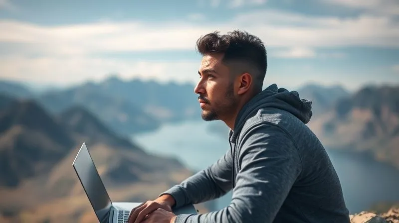 A photorealistic image of a single, determined digital nomad looking out at a vast, open landscape (e.g., mountains or ocean), with a laptop subtly placed beside them. The nomad's expression conveys resilience and quiet strength, symbolizing the journey of overcoming challenges in the remote work world. Cinematic lighting, sharp focus on the nomad, depth of field blurring the background. 8K hyper-detailed, shot on a high-end DSLR.