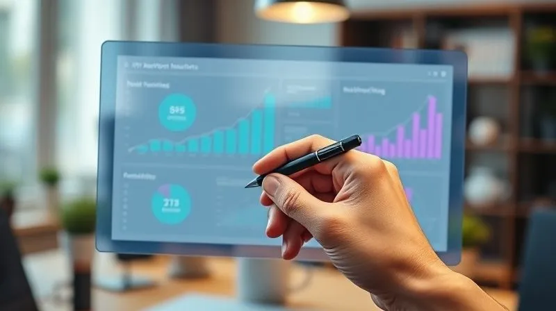A photorealistic, professional photography shot of a hand using a stylus on a transparent screen displaying a clean, modern dashboard with key performance indicators (KPIs) related to networking and job applications, with upward trending graphs and positive data. The background is a blurred, professional home office setup. Cinematic lighting, sharp focus on the screen, depth of field blurring the background. 8K hyper-detailed, shot on a high-end DSLR.