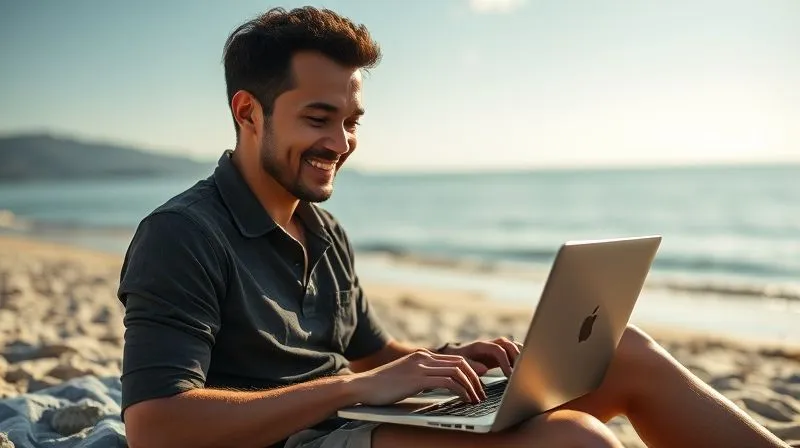 A photorealistic image of a digital nomad working on a laptop on a beach, with a calm ocean view in the background. The nomad is smiling faintly, exuding a sense of calm and focused productivity despite the non-traditional workspace. Cinematic lighting, sharp focus on the nomad and laptop, depth of field blurring the background, 8K hyper-detailed, professional photography, shot on a high-end DSLR.