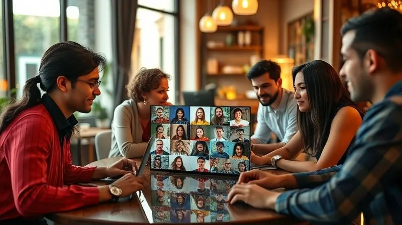 A photorealistic image of a diverse global team collaborating virtually. Several individuals are shown in distinct locations (a cafe in Paris, a home office in São Paulo, a co-working space in Bangkok), each with a laptop, looking engaged in a video call. The screen of one laptop shows a mosaic of faces. Cinematic lighting, sharp focus on the individuals and their screens, depth of field subtly blurring the backgrounds, 8K hyper-detailed, professional photography, shot on a high-end DSLR.