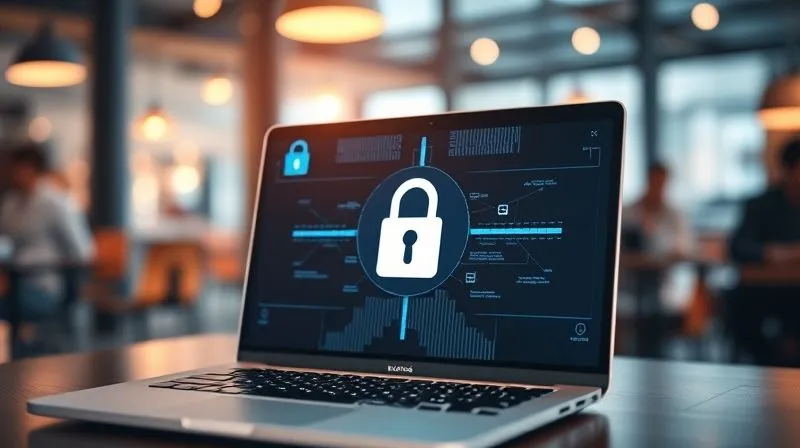 A photorealistic image showing a secure digital workspace. A laptop screen displays a lock icon and encrypted data, with a blurred background of a bustling co-working space or cafe. A padlock symbol is subtly integrated into the network connection icon. Cinematic lighting, sharp focus on the screen and security elements, depth of field blurring the busy background, 8K hyper-detailed, professional photography, shot on a high-end DSLR.