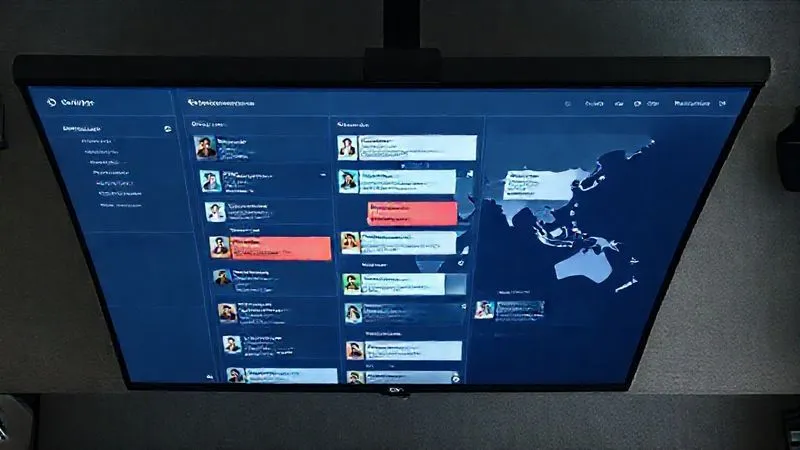 A photorealistic, top-down view of a perfectly organized Trello board on a large monitor, with distinct lists like "Inbox," "To Do (Next 24h)," "In Progress," "Review," "Done," and "Resources." Each list has color-coded cards, some with due dates and member avatars. The overall impression is one of clarity and efficiency. Professional photography, 8K, cinematic lighting, sharp focus, depth of field. A subtle world map graphic is integrated into the background of the board, indicating global collaboration.