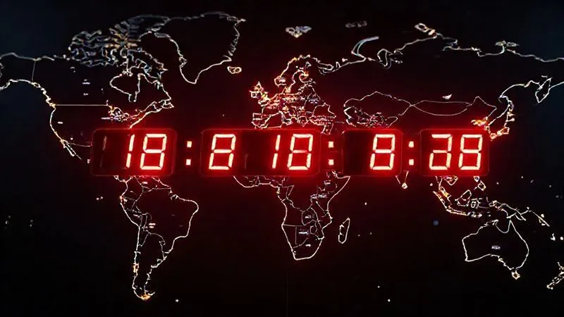 A photorealistic image of a world map with multiple glowing lines connecting different cities, representing global team members. Overlaid on the map are several digital clocks, all synchronized to a specific "overlap" time window, highlighted in a vibrant color. The image conveys connection and synchronization across vast distances. Professional photography, 8K, cinematic lighting, sharp focus, depth of field. The mood is collaborative and efficient.