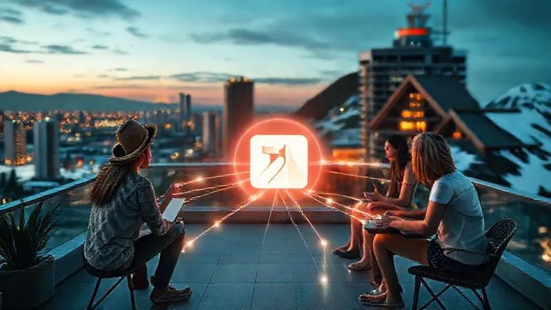 A photorealistic image showing a diverse group of digital nomads, each in a different iconic global location (e.g., a rooftop in Tokyo, a beach in Bali, a cafe in Paris, a mountain lodge in Colorado), all connected virtually through glowing lines converging on a central, stylized Trello board icon. The mood is one of seamless, collaborative success despite geographical distances. Professional photography, 8K, cinematic lighting, sharp focus, depth of field. The overall impression is harmonious and productive global teamwork.