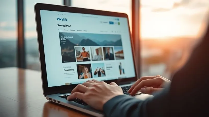 A photorealistic image of a sleek, modern laptop screen displaying a professional online portfolio. The screen shows a clean layout with project thumbnails and glowing lines connecting data points, symbolizing success metrics. In the background, a person's hands are typing on the keyboard, with a blurred, inspiring landscape visible through a window. Cinematic lighting, sharp focus on the screen, depth of field, 8K hyper-detailed, professional photography, shot on a high-end DSLR.