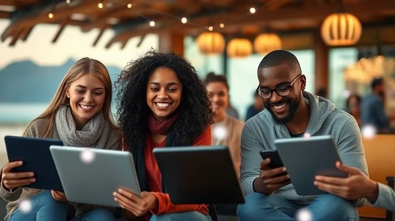 A photorealistic image of diverse digital nomads from different cultural backgrounds, connected by subtle glowing lines forming a global network. They are smiling, interacting through screens (laptops, tablets) in various scenic locations (beach, mountain cabin, bustling cafe). Cinematic lighting, sharp focus on the faces and devices, depth of field blurring the background, 8K hyper-detailed, professional photography, shot on a high-end DSLR.