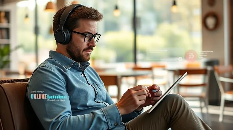 A photorealistic image of a digital nomad, mid-30s, sitting comfortably with a tablet and headphones, engrossed in an online course. The background is a serene, sun-drenched cafe with subtle digital overlays of learning modules and progress bars. Cinematic lighting, sharp focus on the person and tablet, depth of field creating a soft blur, 8K hyper-detailed, professional photography, shot on a high-end DSLR.