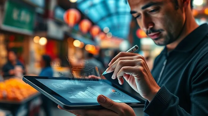 A close-up, photorealistic, professional photography of a digital nomad's hand sketching a complex business model on a transparent tablet screen, with a blurred background of a bustling Asian market. The lighting is cinematic, highlighting the intricate details of the sketch and the determined expression on the nomad's face. 8K hyper-detailed, sharp focus on the tablet and hand, depth of field blurring the vibrant market scene.