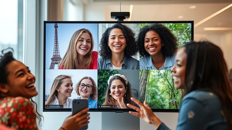 A photorealistic, professional photography of a diverse global team of digital nomads laughing and interacting during a virtual video call, each in a different iconic location (e.g., Eiffel Tower, Sydney Opera House, Amazon rainforest). The screen shows multiple vibrant video feeds, with a sense of genuine connection and collaboration. Cinematic lighting, sharp focus on the faces and the screen, depth of field blurring the backgrounds of their individual locations. 8K hyper-detailed, conveying joy and efficiency.