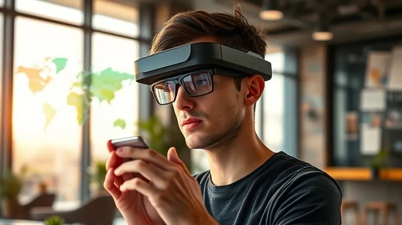 A photorealistic, professional photography of a digital nomad wearing sleek AR glasses, interacting with a holographic interface that projects complex data and 3D models into a vibrant co-working space. The background shows glimpses of diverse global landscapes through large windows, symbolizing seamless global operation. Cinematic lighting, sharp focus on the AR interaction and the nomad's engaged expression, with a subtle depth of field. 8K hyper-detailed, futuristic, inspiring.