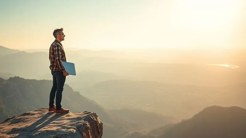 A photorealistic, professional photography of a confident digital nomad standing at the edge of a cliff overlooking a vast, inspiring landscape (e.g., mountains, ocean, or a futuristic city), with a laptop casually in hand. The nomad gazes towards the horizon with a determined, visionary expression, symbolizing freedom, global reach, and the future of work. Cinematic lighting, sharp focus on the individual and the grand vista, with a subtle depth of field. 8K hyper-detailed, conveying empowerment and boundless possibilities.