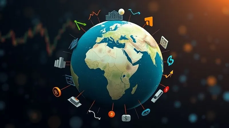 A photorealistic image of a diverse portfolio of investment icons (stocks, bonds, real estate, cryptocurrencies) orbiting a stylized globe, with lines connecting them to different tax jurisdictions. The image should convey global diversification and strategic planning. Cinematic lighting, sharp focus, depth of field, 8K hyper-detailed, professional photography, shot on a high-end DSLR.