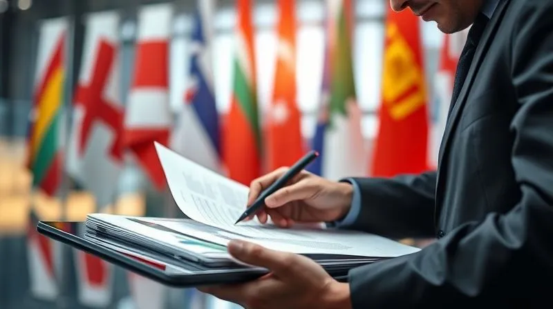 A photorealistic image of a digital nomad meticulously organizing digital documents and spreadsheets on a sleek, futuristic tablet, with a backdrop of various international flags subtly blurred. The scene emphasizes organization, vigilance, and continuous monitoring of financial and tax data. Cinematic lighting, sharp focus on the tablet, depth of field, 8K hyper-detailed, professional photography, shot on a high-end DSLR.