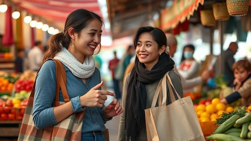 A photorealistic image of a young, smiling female nomad with a reusable shopping bag, confidently speaking in a foreign language with a local vendor at a vibrant, colorful outdoor market. The vendor is gesturing towards fresh produce, and the interaction feels authentic and joyful. Cinematic lighting, sharp focus on their faces, depth of field blurring the background stalls, 8K hyper-detailed, shot on a high-end DSLR.
