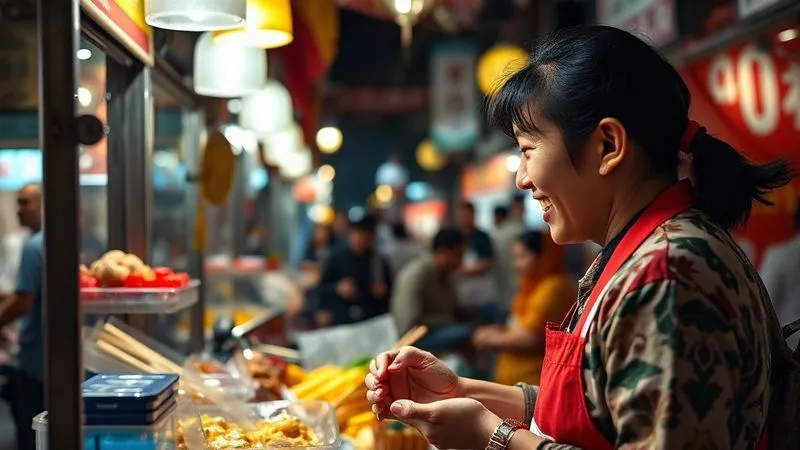 A photorealistic image of a young, smiling female nomad successfully ordering food from a street vendor in a bustling Asian night market, looking genuinely pleased with her linguistic achievement. The vendor is also smiling, indicating a positive interaction. Cinematic lighting, sharp focus on their faces and the delicious street food, depth of field blurring the background market lights, 8K hyper-detailed, shot on a high-end DSLR.