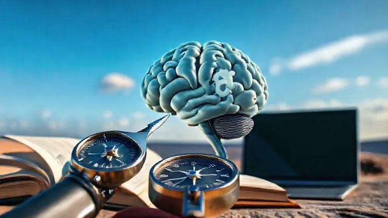 A photorealistic image of a compass pointing towards a stylized brain with gears, surrounded by open books and a laptop, all under a clear sky. Cinematic lighting, sharp focus on the compass and brain, depth of field blurring a soft travel background. 8K hyper-detailed, professional photography, shot on a high-end DSLR.