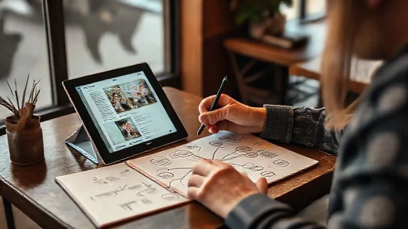 A photorealistic image of a person actively taking notes in a journal while watching a lesson on a tablet, with a mind map spread out on the table. The setting is a cozy, well-lit corner of a cafe, with subtle hints of travel in the background. Cinematic lighting, sharp focus on the person and their notes, depth of field blurring the cafe background. 8K hyper-detailed, professional photography, shot on a high-end DSLR.