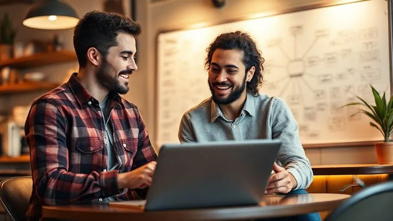 A photorealistic image of two digital nomads collaborating and discussing concepts over a laptop in a cozy, well-lit cafe setting, with a whiteboard in the background displaying a mind map. They appear engaged and supportive. Cinematic lighting, sharp focus on the interaction, depth of field blurring the cafe background. 8K hyper-detailed, professional photography, shot on a high-end DSLR.