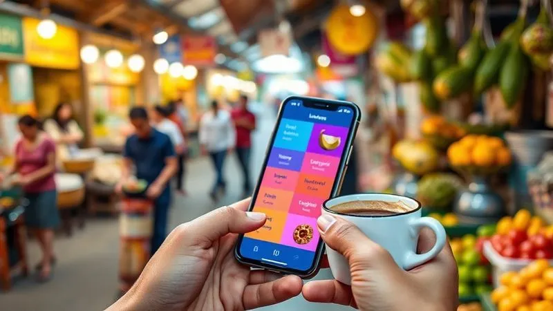 A photorealistic close-up of a hand holding a smartphone, displaying a language learning app with vibrant colors, while the other hand holds a steaming cup of coffee. In the blurred background, a bustling street market in Southeast Asia, with people and exotic fruits. Cinematic lighting, sharp focus on the phone and hand, depth of field. Shot on a high-end DSLR, 8K hyper-detailed.