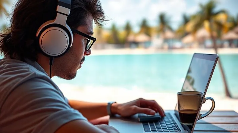 A photorealistic shot of a digital nomad wearing noise-canceling headphones, intensely focused on a laptop screen, with a vibrant, sun-drenched beach and palm trees in the blurred background. A half-empty coffee cup sits beside the laptop. The image conveys dedication amidst a beautiful, yet potentially distracting, environment. Cinematic lighting, sharp focus on the nomad and laptop, depth of field. Shot on a high-end DSLR, 8K hyper-detailed.
