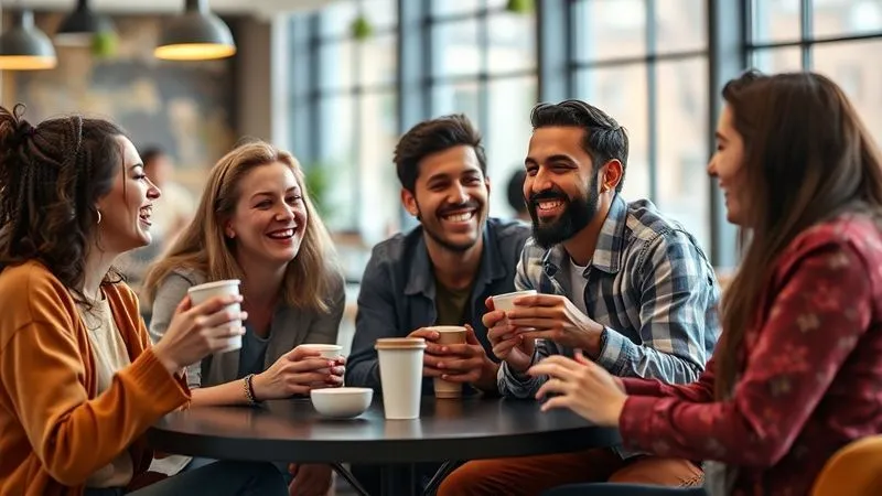 A photorealistic image of a diverse group of young digital nomads laughing and conversing over coffee in a vibrant co-working space, with one of them gesturing animatedly while speaking a foreign language, and others listening attentively. The scene should convey connection, collaboration, and the joy of shared learning. Cinematic lighting, sharp focus on the group, depth of field blurring the background. Shot on a high-end DSLR, 8K hyper-detailed.