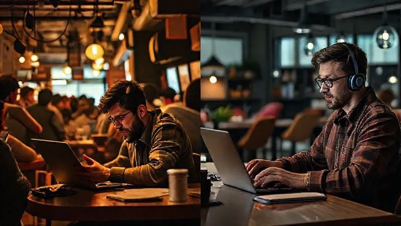 A photorealistic image depicting a stark contrast: on one side, a chaotic scene of a digital nomad struggling with a laptop in a noisy, crowded cafe with a weak Wi-Fi signal, looking stressed. On the other side, the same nomad in a calm, organized co-working space, engaged in a smooth video call, looking focused and productive. Cinematic lighting, 8K, sharp focus, depth of field, professional photography, shot on a high-end DSLR.