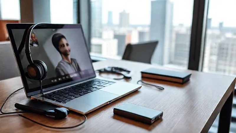 A photorealistic close-up of a digital nomad's organized tech setup: a sleek laptop open to a video call, a high-quality noise-canceling headset, a portable Wi-Fi hotspot device, and a fully charged power bank, all neatly arranged on a minimalist desk in a bright, modern co-working space with a window view of a city. Cinematic lighting, 8K, sharp focus, depth of field, professional photography, shot on a high-end DSLR.