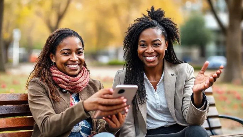 A photorealistic image of a mentor and mentee, both diverse and smiling, engaged in a video call. The mentee is in a vibrant, slightly blurred outdoor setting (e.g., a park bench in a foreign city), holding a phone or tablet. The mentor is in a professional home office, giving an encouraging gesture. The focus is on their clear, positive interaction, symbolizing effective communication despite distance. Cinematic lighting, 8K, sharp focus on faces and expressions, depth of field, professional photography, shot on a high-end DSLR.