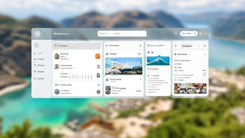 A photorealistic screenshot of a clean, minimalist Notion dashboard designed for a digital nomad, showing active projects, quick links, and a daily agenda, with a blurred background of a scenic travel destination. 8K hyper-detailed, professional photography.
