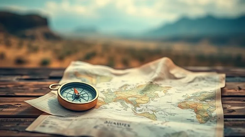 A photorealistic image of a compass and a crumpled, old map lying on a rustic wooden table, with a blurred background of a dynamic, ever-changing landscape (e.g., a desert merging into mountains). Cinematic lighting highlights the compass needle pointing north, suggesting direction amidst change. 8K hyper-detailed, professional photography, shot on a high-end DSLR.