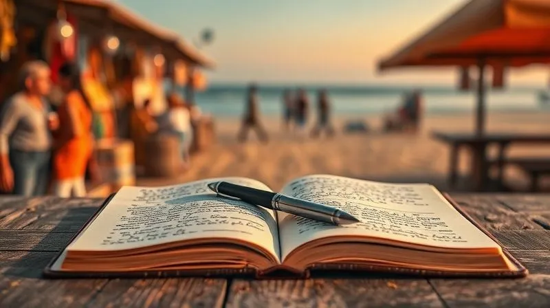 A photorealistic image of an open journal with handwritten notes and a pen, resting on a worn wooden table. In the background, a soft, out-of-focus view of a bustling market or a quiet beach at sunrise, suggesting the contrast between internal reflection and external movement. Cinematic lighting, sharp focus on the journal, 8K hyper-detailed, professional photography, shot on a high-end DSLR.